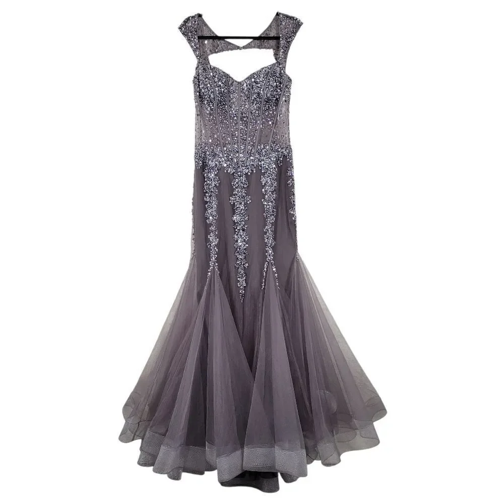 grey corset prom dress Zapaka Women Grey Purple A-Line Halter Neck Beaded Long Prom Dress with Appliques, Grayish Purple / US4 main image 0
